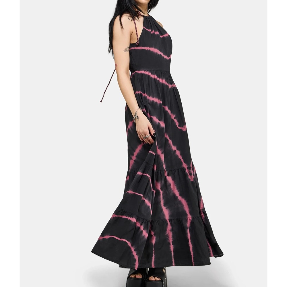 NWT Disturbia Noxielle Tie Dye Halter Neck Racer Maxi Dress US 10 Black Pink